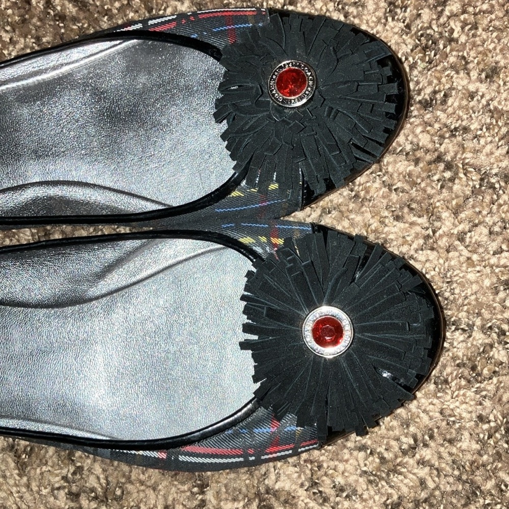 Coach Black and Silver Flats with Red Tartan Accent